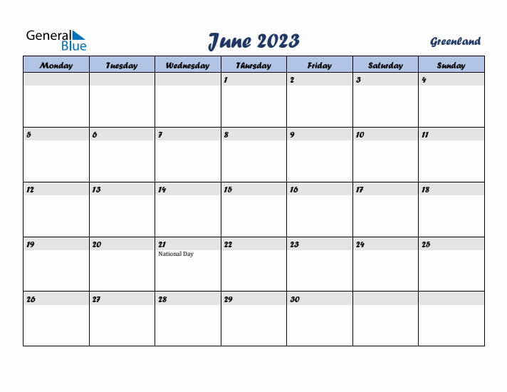 June 2023 Calendar with Holidays in Greenland