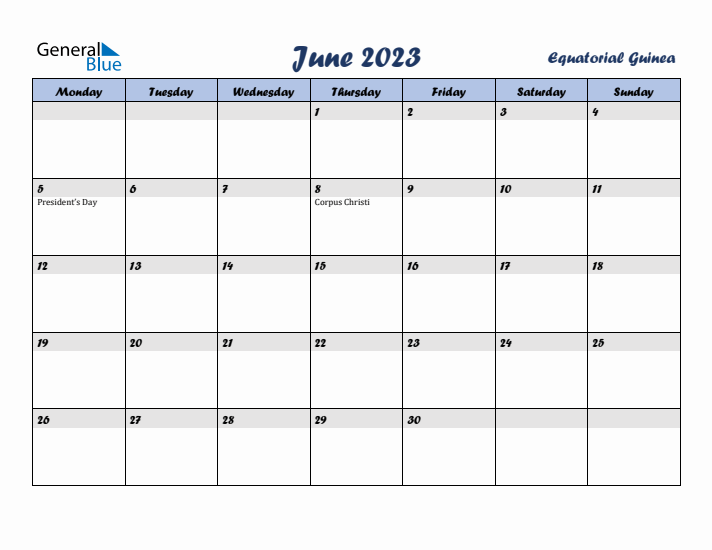 June 2023 Calendar with Holidays in Equatorial Guinea