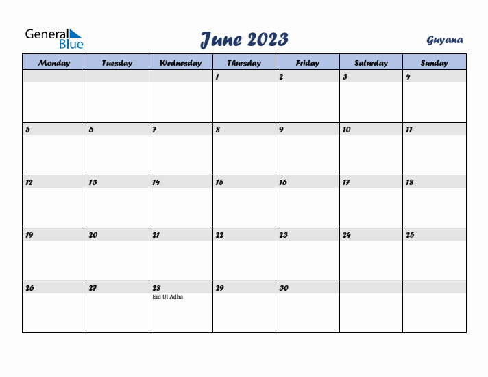 June 2023 Calendar with Holidays in Guyana