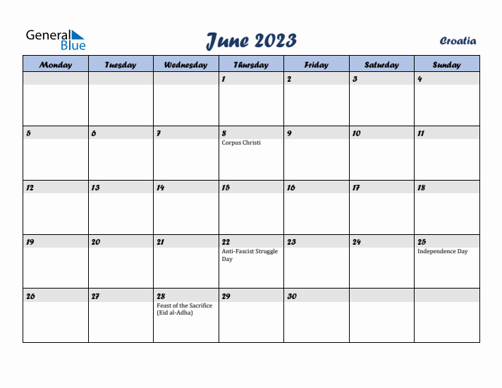 June 2023 Calendar with Holidays in Croatia