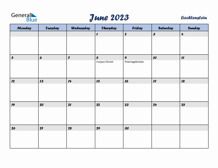 June 2023 Calendar with Holidays in Liechtenstein