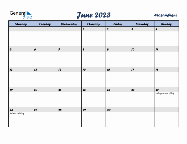 June 2023 Calendar with Holidays in Mozambique