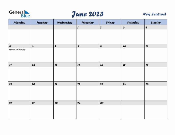 June 2023 Calendar with Holidays in New Zealand