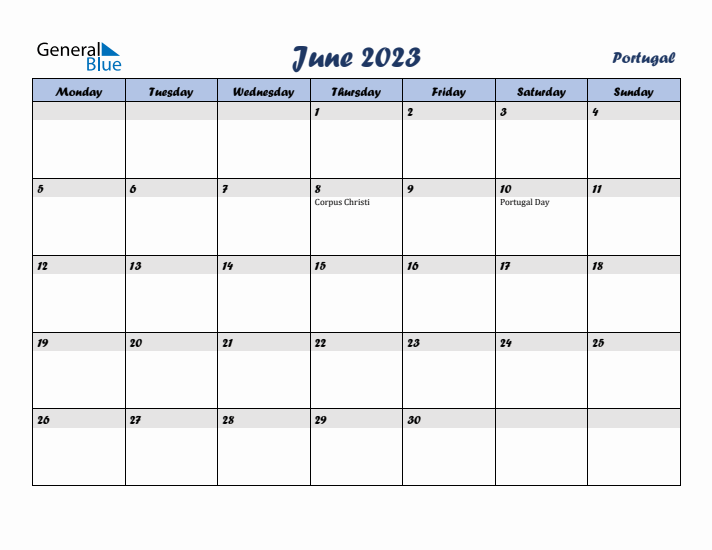 June 2023 Calendar with Holidays in Portugal