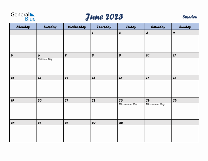 June 2023 Calendar with Holidays in Sweden