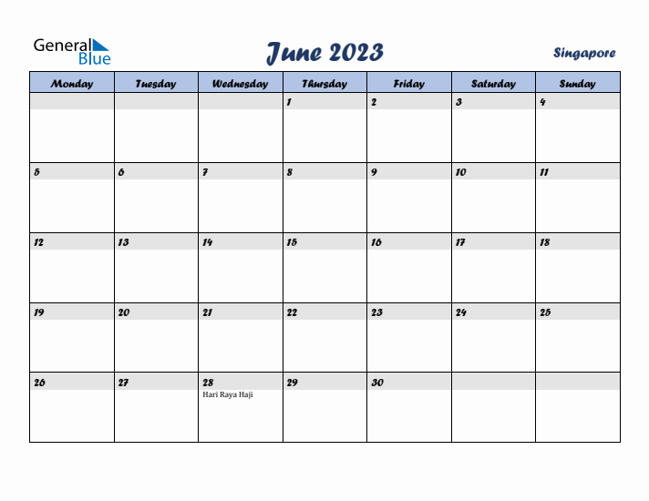 June 2023 Calendar with Holidays in Singapore