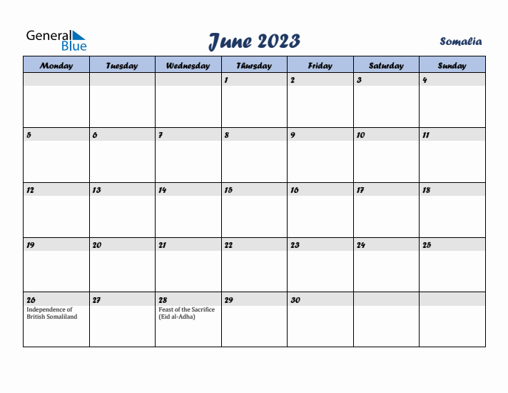 June 2023 Calendar with Holidays in Somalia