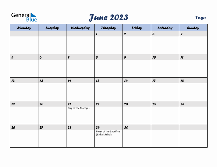 June 2023 Calendar with Holidays in Togo