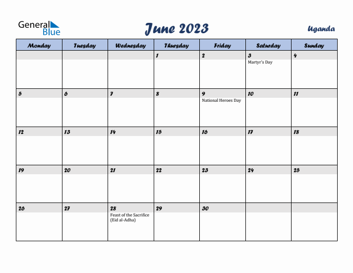 June 2023 Calendar with Holidays in Uganda