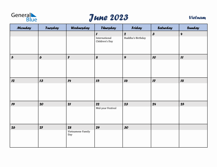 June 2023 Calendar with Holidays in Vietnam