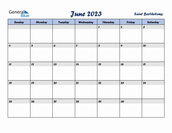 June 2023 Calendar with Holidays in Saint Barthelemy