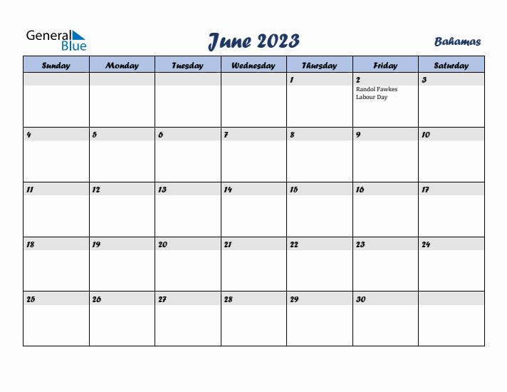 June 2023 Calendar with Holidays in Bahamas