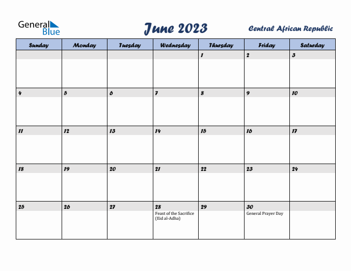 June 2023 Calendar with Holidays in Central African Republic