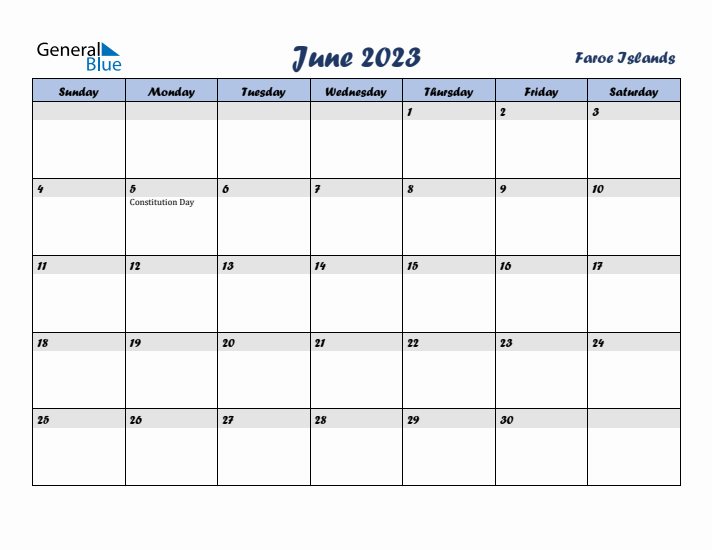 June 2023 Calendar with Holidays in Faroe Islands