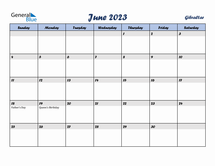 June 2023 Calendar with Holidays in Gibraltar