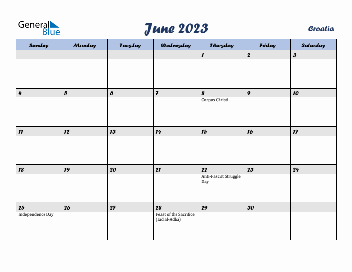 June 2023 Calendar with Holidays in Croatia