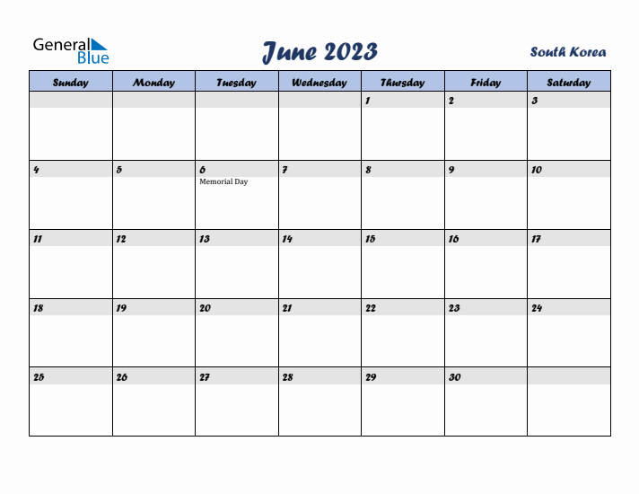 June 2023 Calendar with Holidays in South Korea