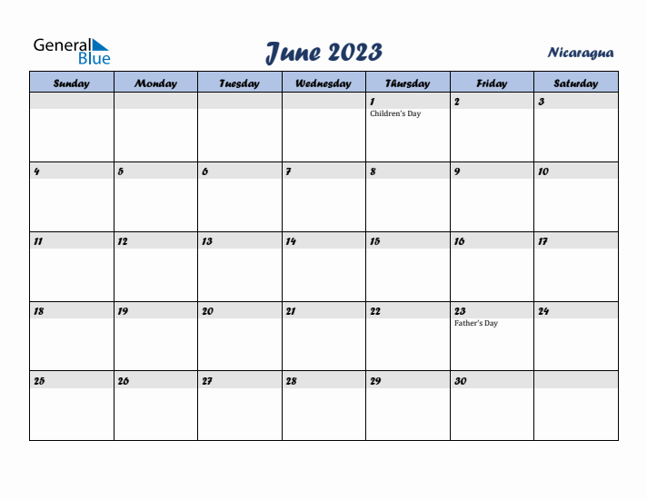 June 2023 Calendar with Holidays in Nicaragua