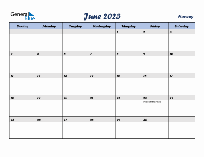 June 2023 Calendar with Holidays in Norway