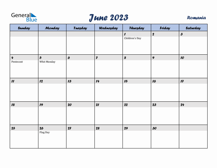 June 2023 Calendar with Holidays in Romania