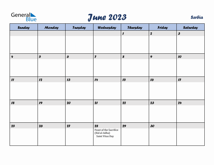 June 2023 Calendar with Holidays in Serbia