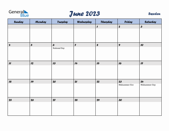 June 2023 Calendar with Holidays in Sweden