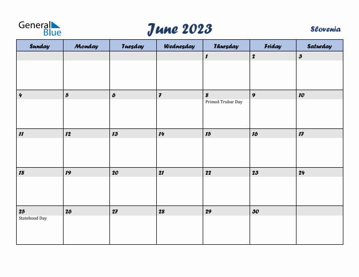 June 2023 Calendar with Holidays in Slovenia