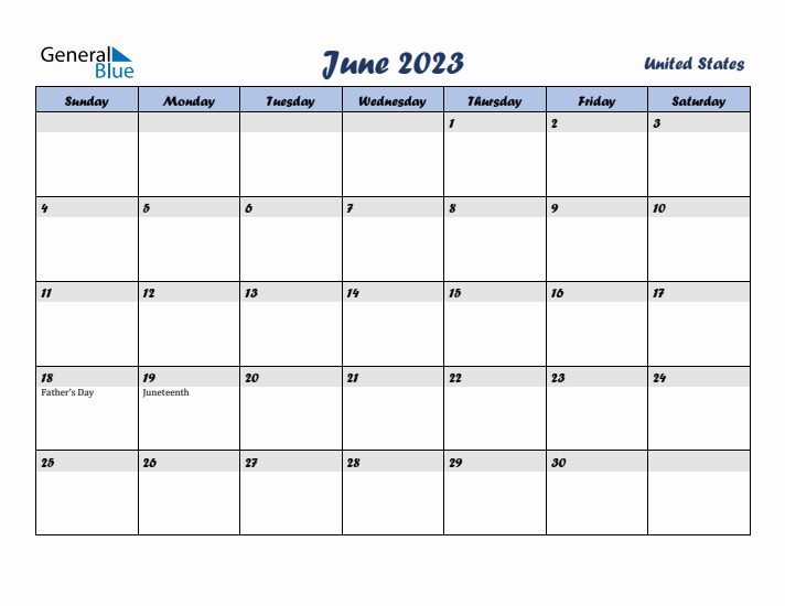 June 2023 Calendar with Holidays in United States