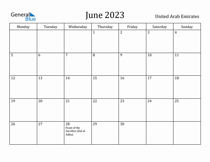 June 2023 Calendar United Arab Emirates