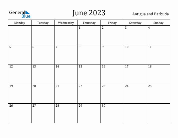 June 2023 Calendar Antigua and Barbuda