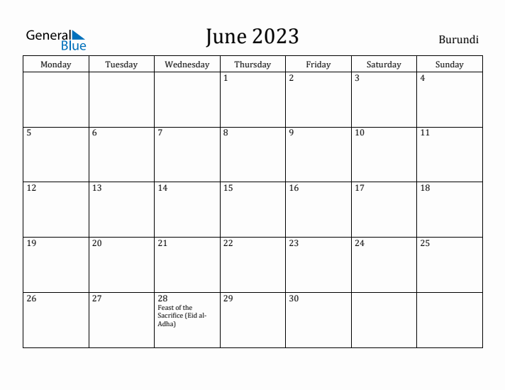 June 2023 Calendar Burundi