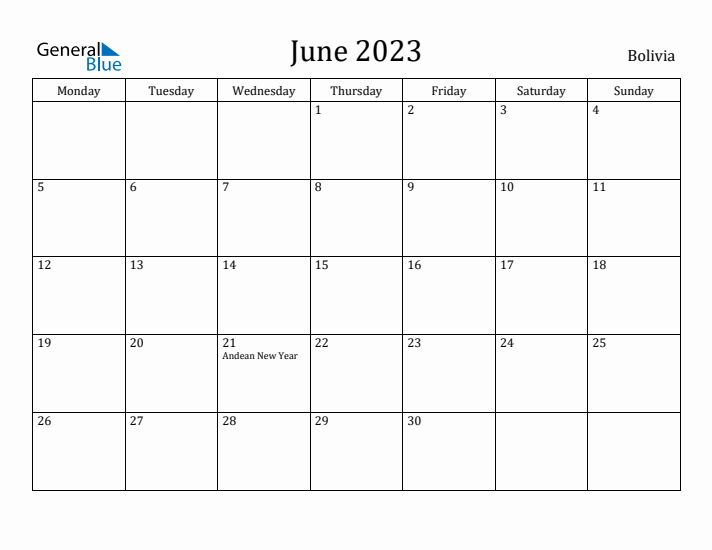 June 2023 Calendar Bolivia