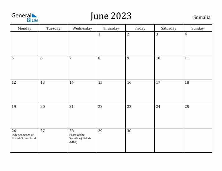 June 2023 Calendar Somalia