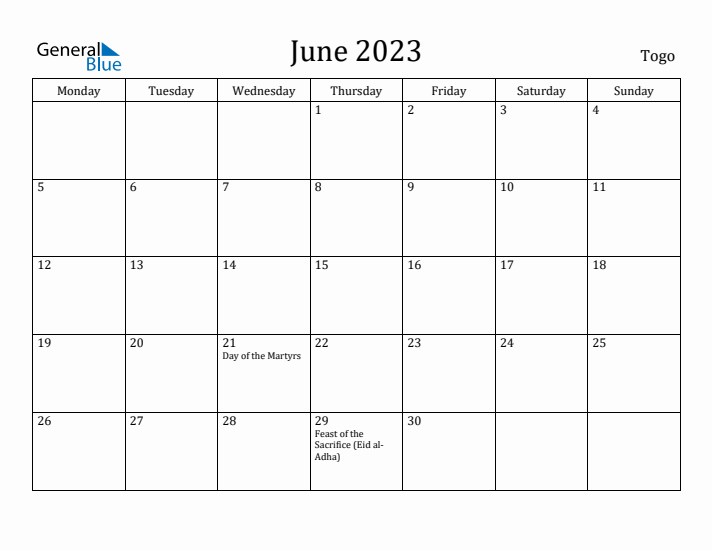 June 2023 Calendar Togo