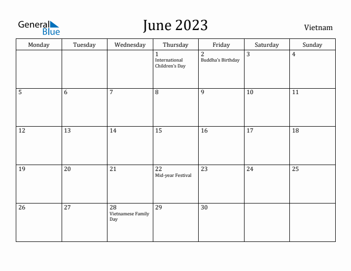 June 2023 Calendar Vietnam