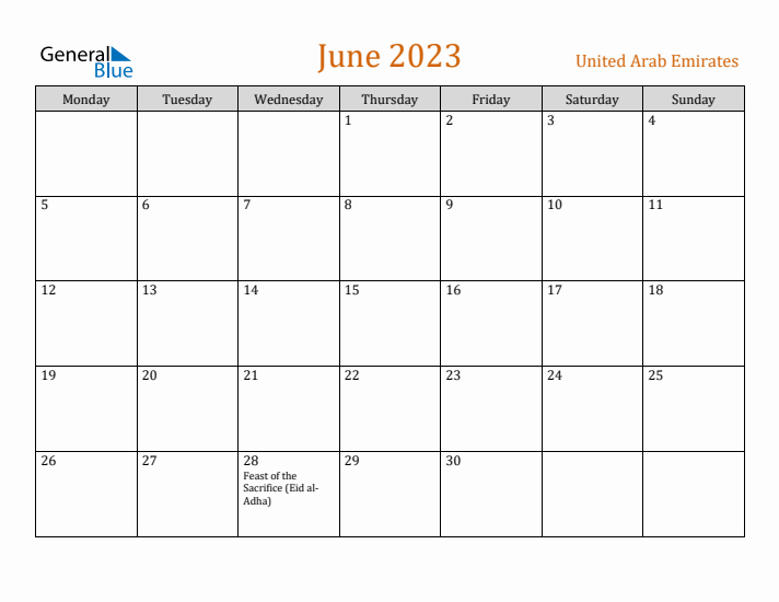 June 2023 Holiday Calendar with Monday Start