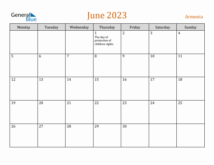 June 2023 Holiday Calendar with Monday Start