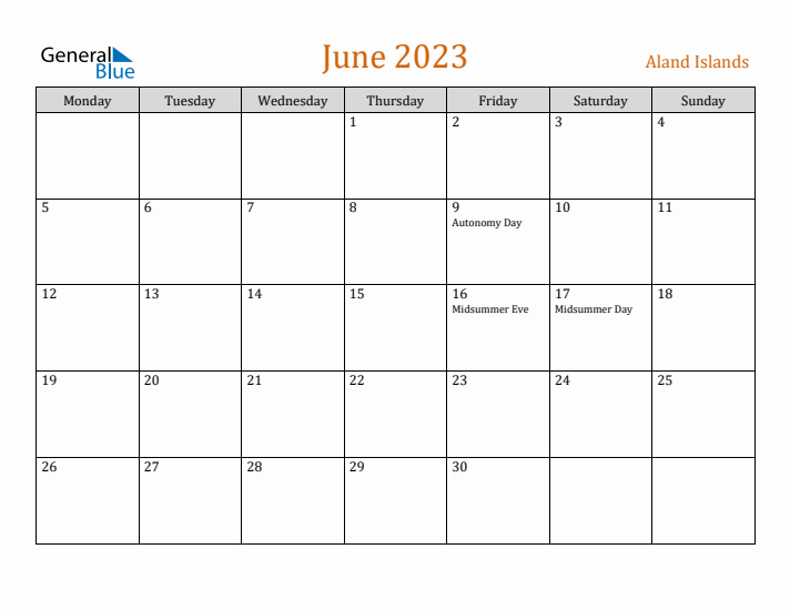 June 2023 Holiday Calendar with Monday Start