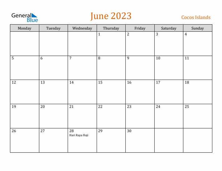 June 2023 Holiday Calendar with Monday Start