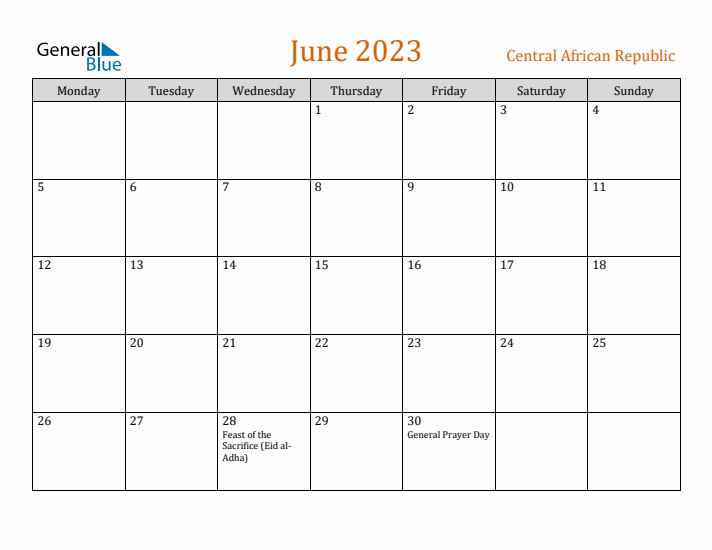 June 2023 Holiday Calendar with Monday Start