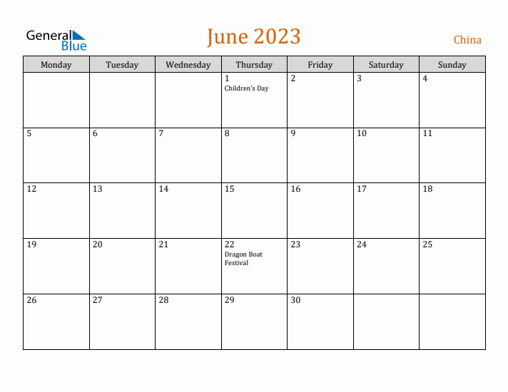 June 2023 Holiday Calendar with Monday Start