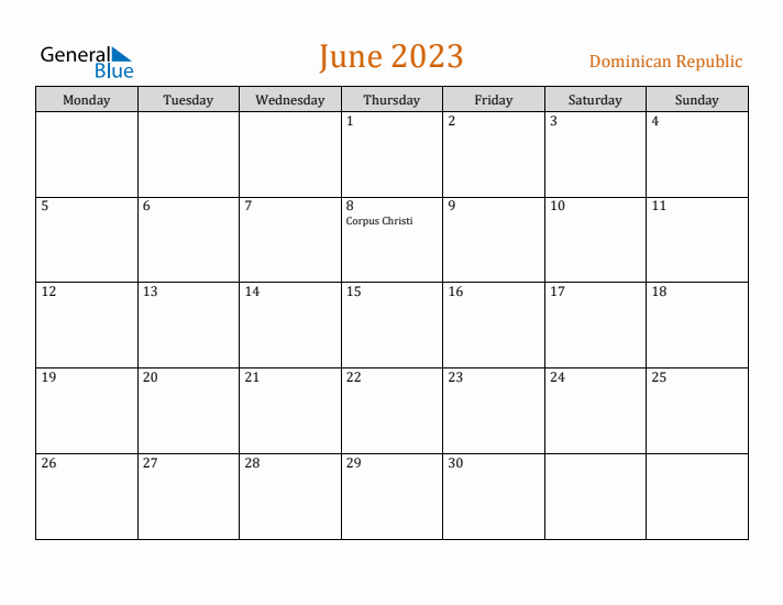 June 2023 Holiday Calendar with Monday Start