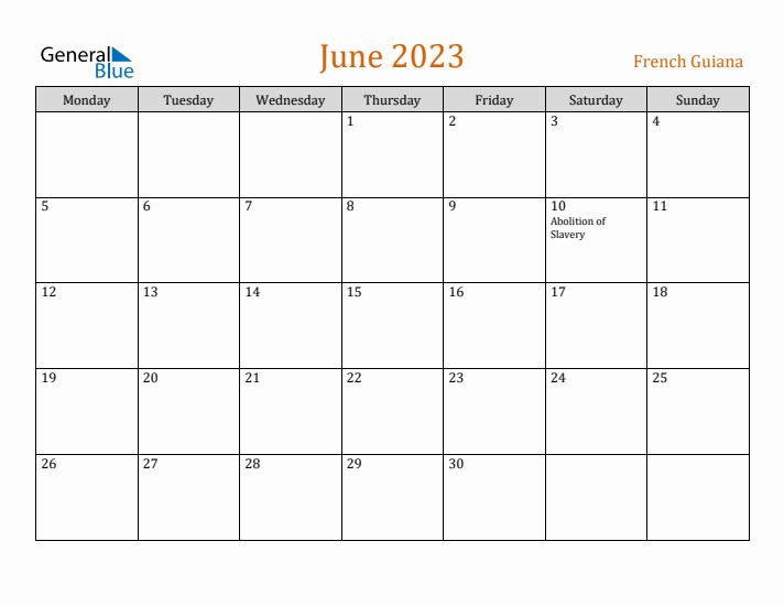 June 2023 Holiday Calendar with Monday Start