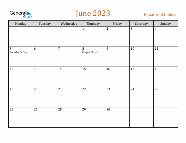 June 2023 Holiday Calendar with Monday Start