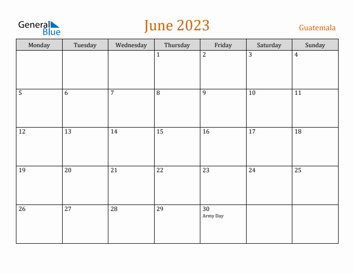 June 2023 Holiday Calendar with Monday Start