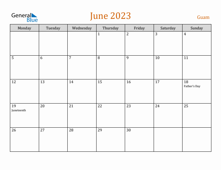 June 2023 Holiday Calendar with Monday Start