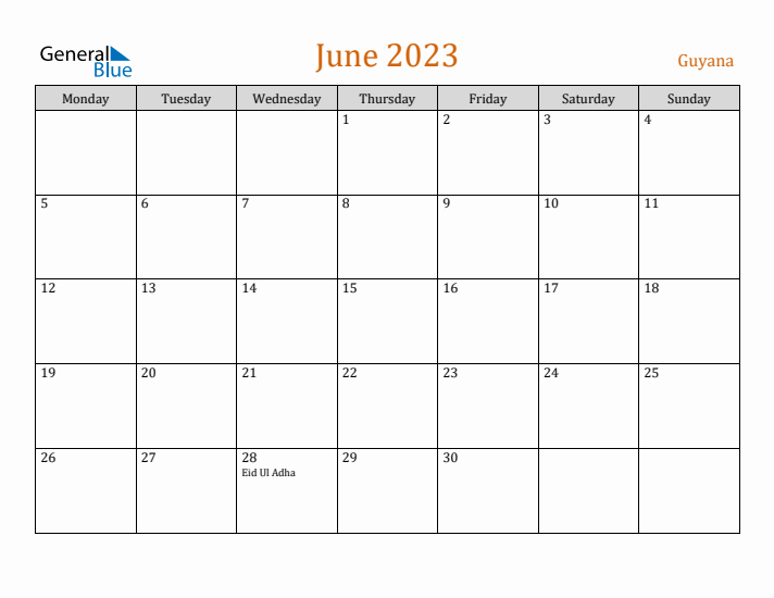 June 2023 Holiday Calendar with Monday Start