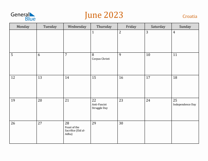 June 2023 Holiday Calendar with Monday Start