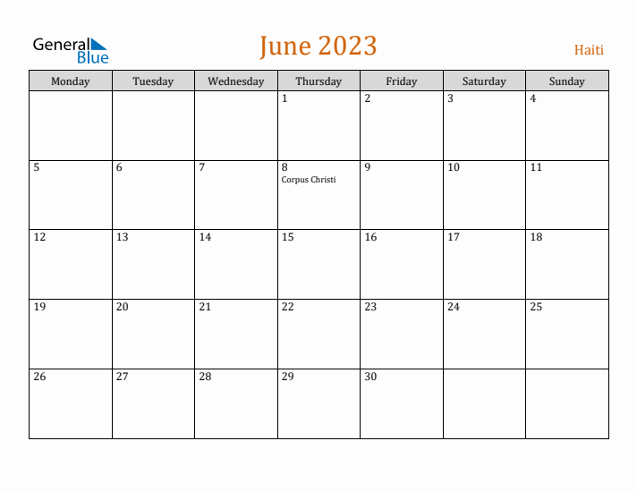 June 2023 Holiday Calendar with Monday Start