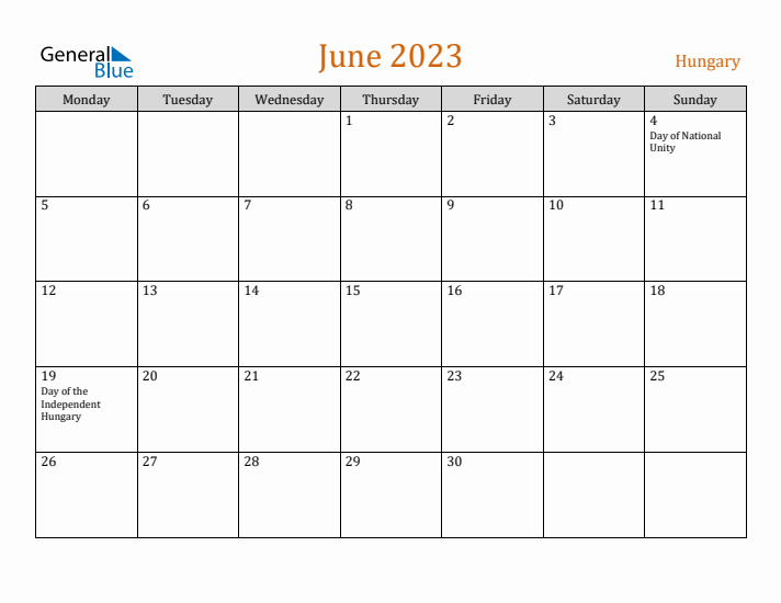 June 2023 Holiday Calendar with Monday Start